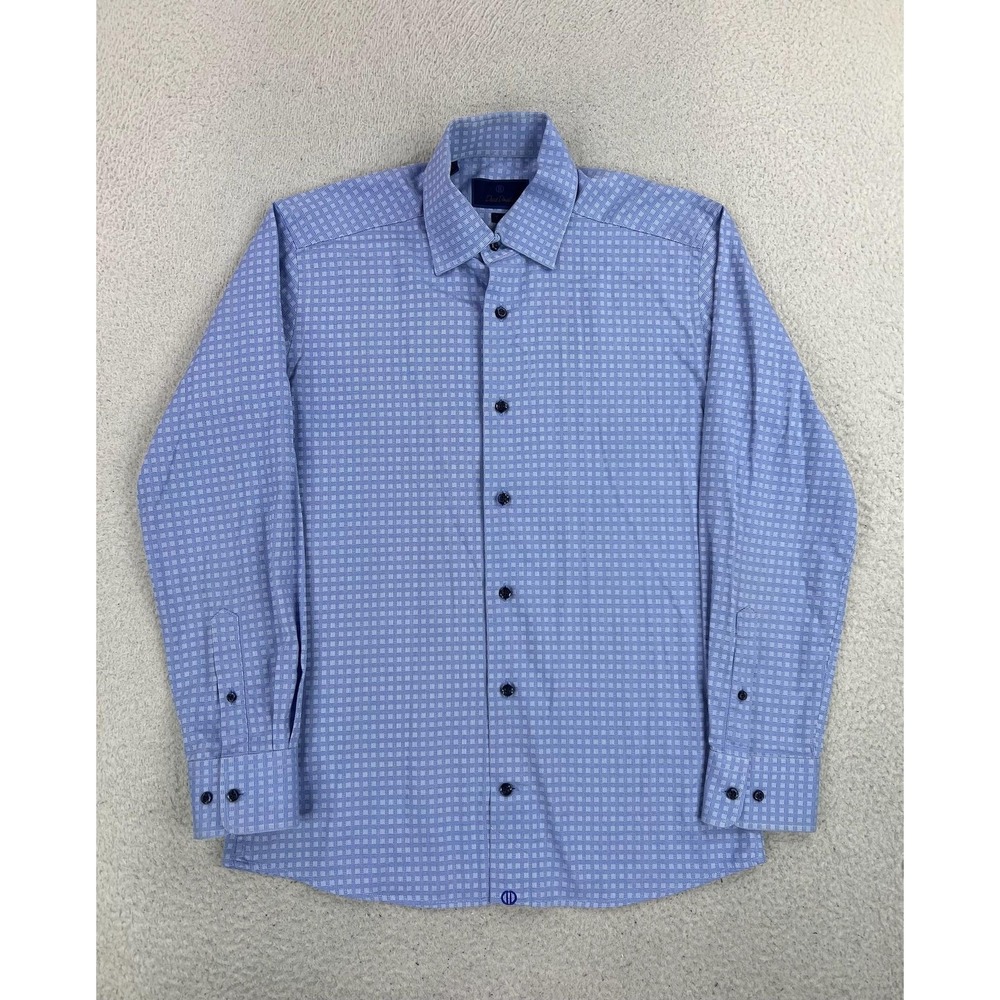 David Donahue Dress Shirt Mens 15.5 32/33 Blue Geometric Slim Fit Cotton LS